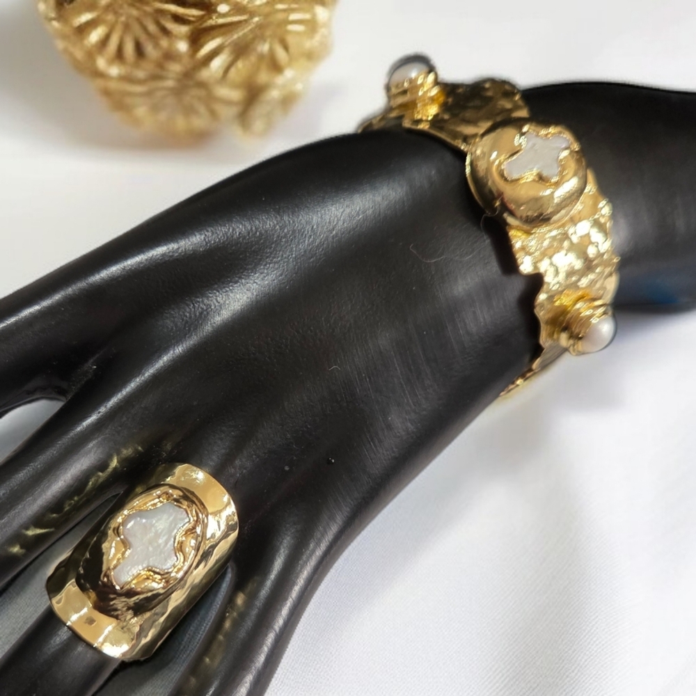 18k Gold Plated Byzantine Cross Keishi Pearl Bangle Cuff Bracelet - Picture 4 of 5